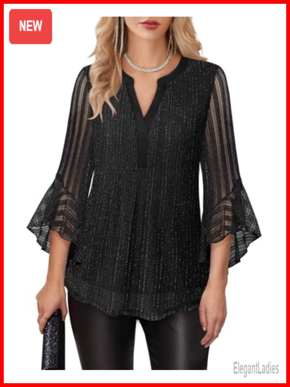Womens 3/4 Sleeve V Neck Blouse Flowy A-Line Dressy Top Work Party
